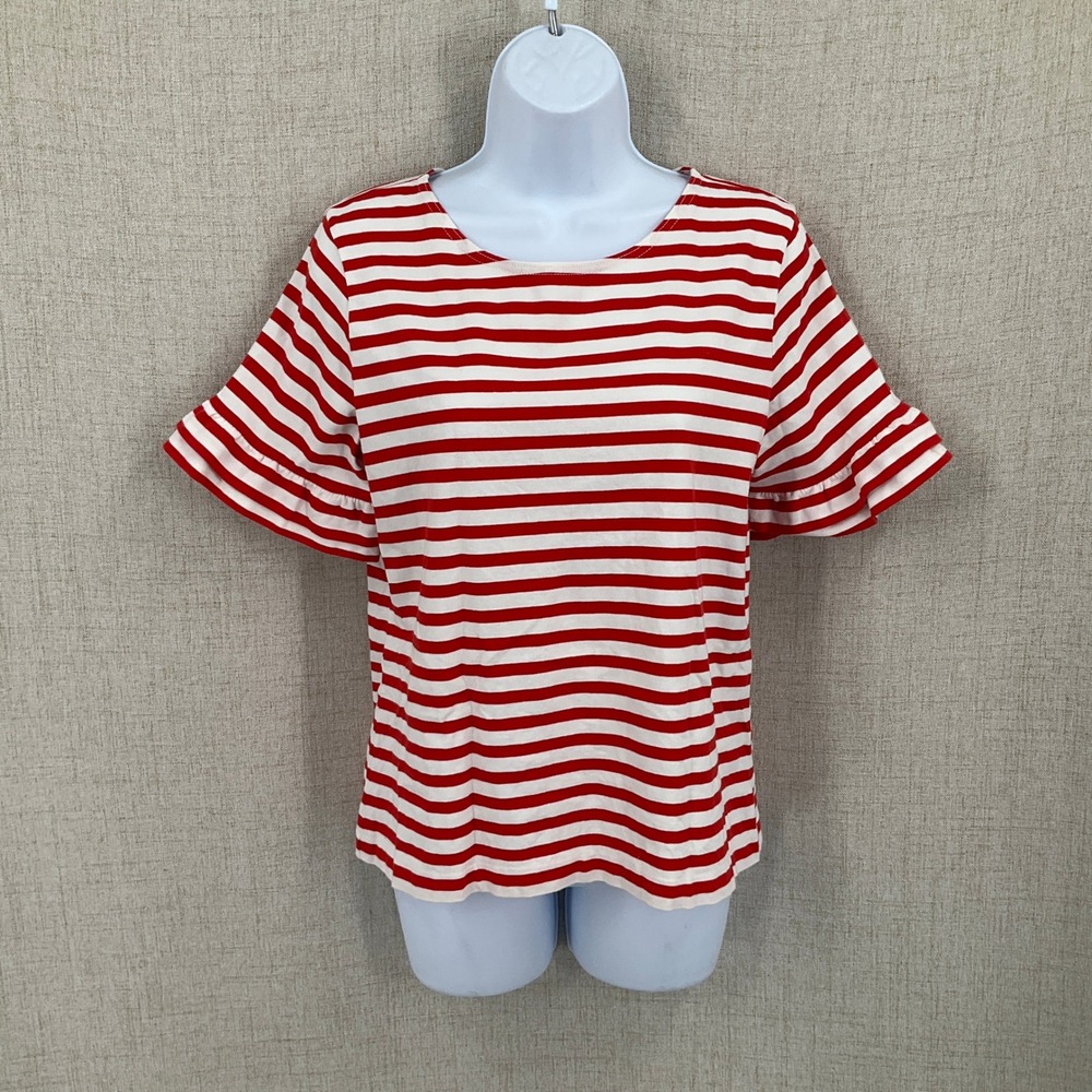 J.Crew Top Womens Medium Red White Cotton Striped Ruffle Sleeve Preppy Classic